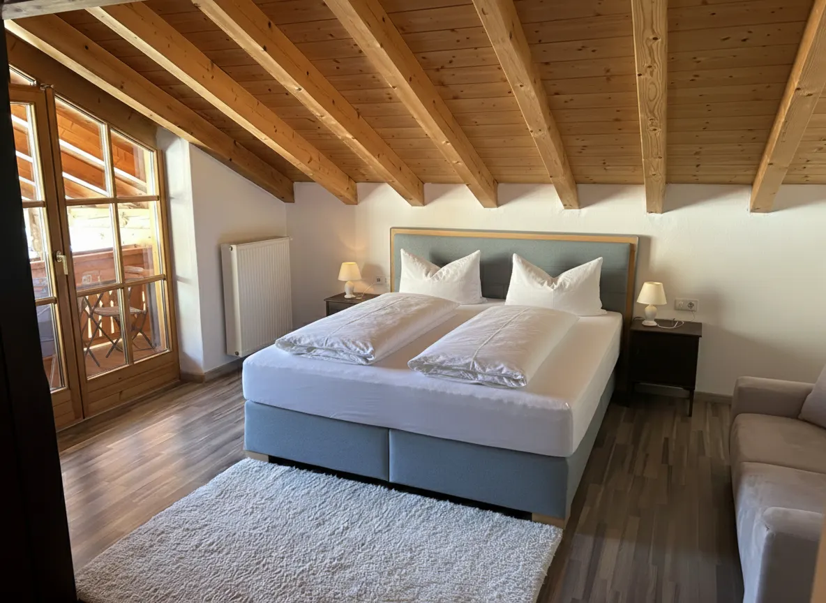 Helles Schlafzimmer mit Boxspringbett mit Blick auf die Alpen in der Ferienwohnung Edelweiß im Haus am Wiesbach in Reit im WInkl
