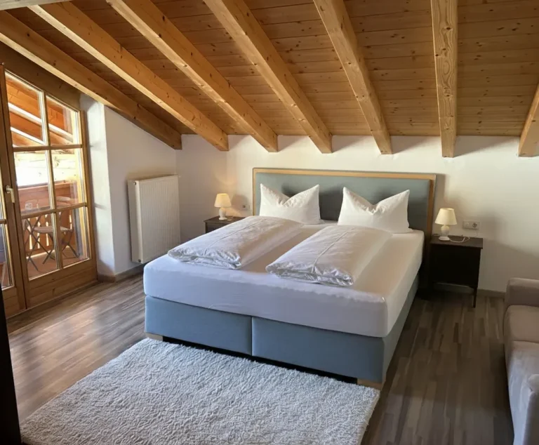 Schlafzimmer-Ferienwohung-boutique-fewo-reit-im-winkl Helles Schlafzimmer mit Doppelbett, Holzdecke und Zugang zu einem Balkon.