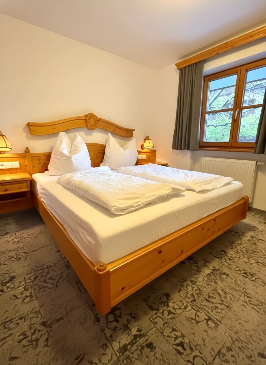 Schlafzimmer Ferienwohnung Alpenrose Gemütliches Schlafzimmer im bayerischen Stil mit Doppelbett und hellem Echtholz. Ferienwohnung Alpenrose, Haus am Wiesbach, Reit im Winkl
