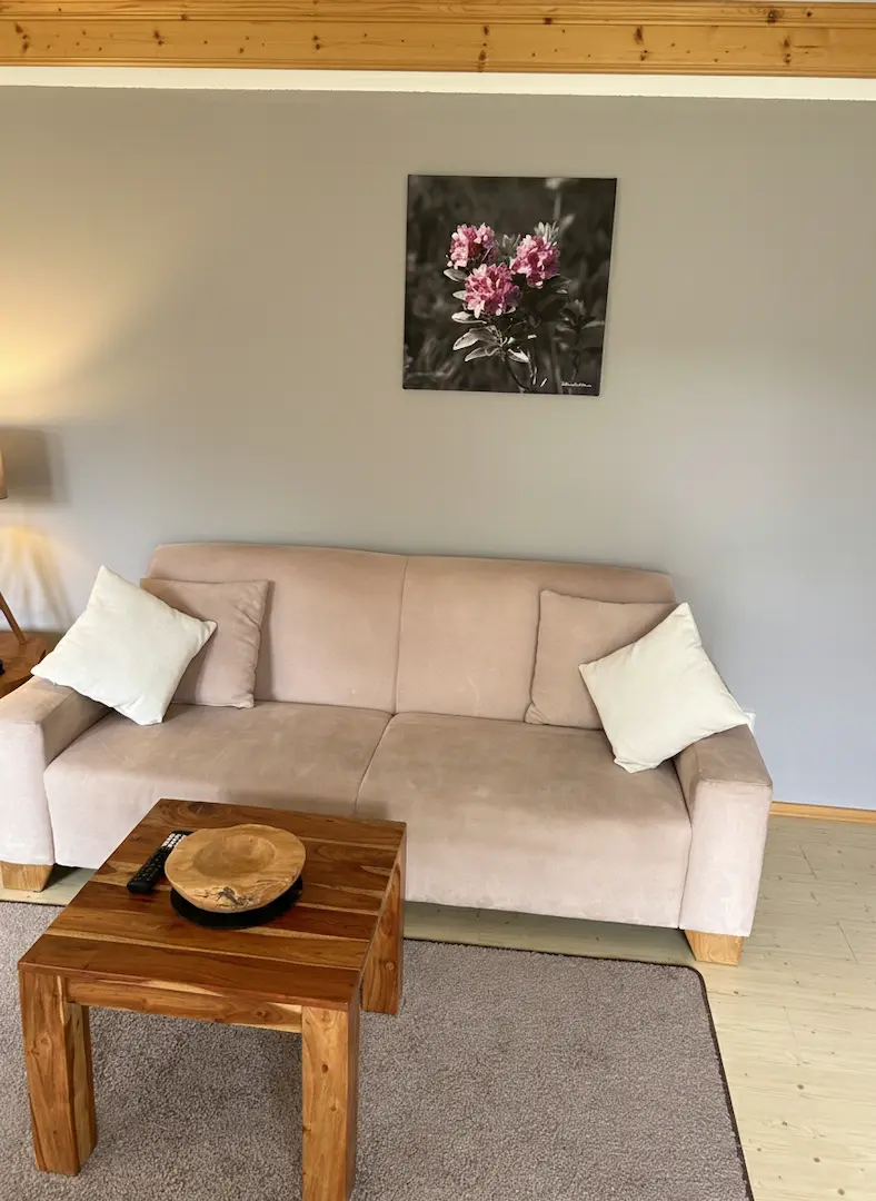 Couch zum Entspannen Gemütliche Couch und Sessel im Wohnzimmer der Ferienwohnung Bergveilchen – ideal zum Lesen und Entspannen