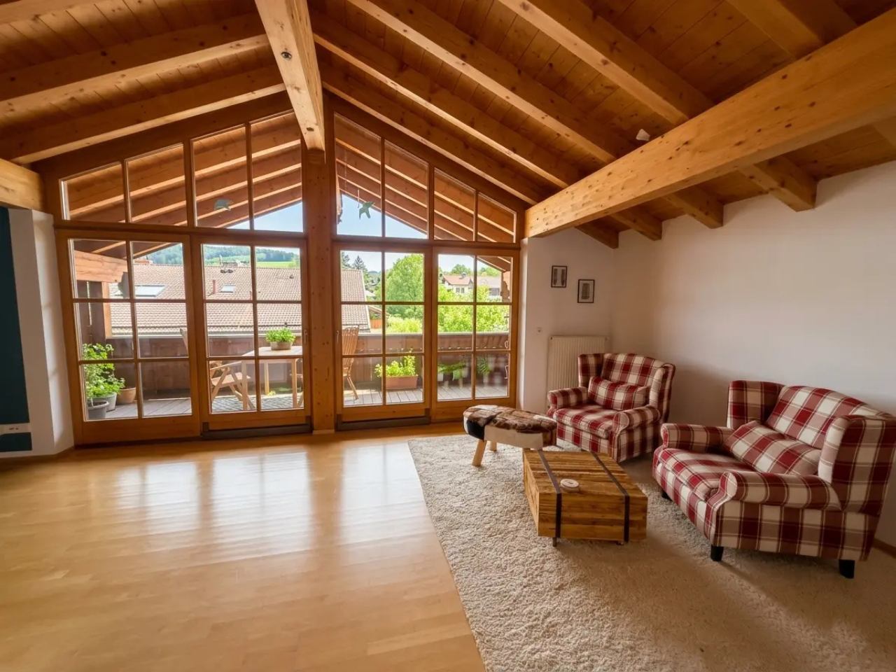 Panorama Loft-Wohnzimmer Großzügiges Dachgeschoss-Wohnzimmer im Loft Stil mit Bergblick