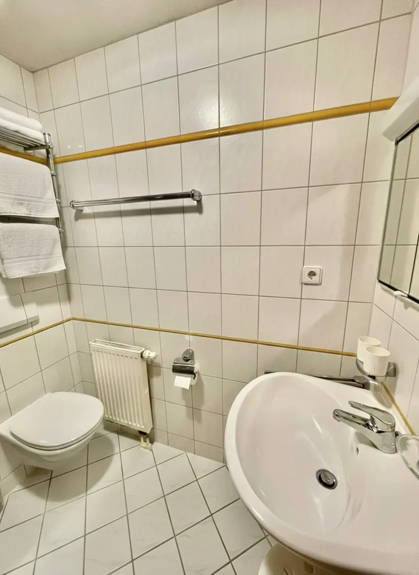 Badezimmer Haus am Wiesbach Helles, barrierefreies Badezimmer der Ferienwohnung Bergveilchen mit Dusche und Foehn.