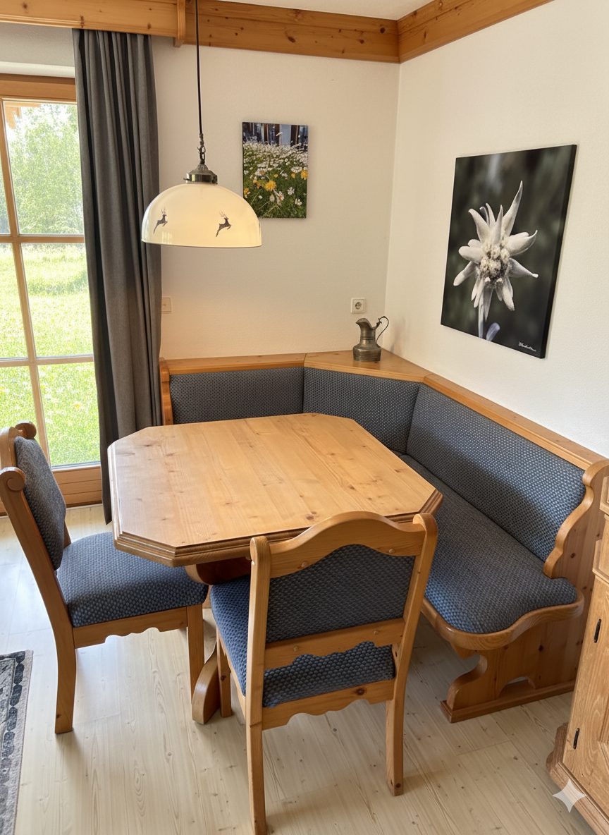 Essbereich & Eckbank Enzian Bayerische Eckbank am hellen Esstisch in der Ferienwohnung Enzian, Reit im Winkl.