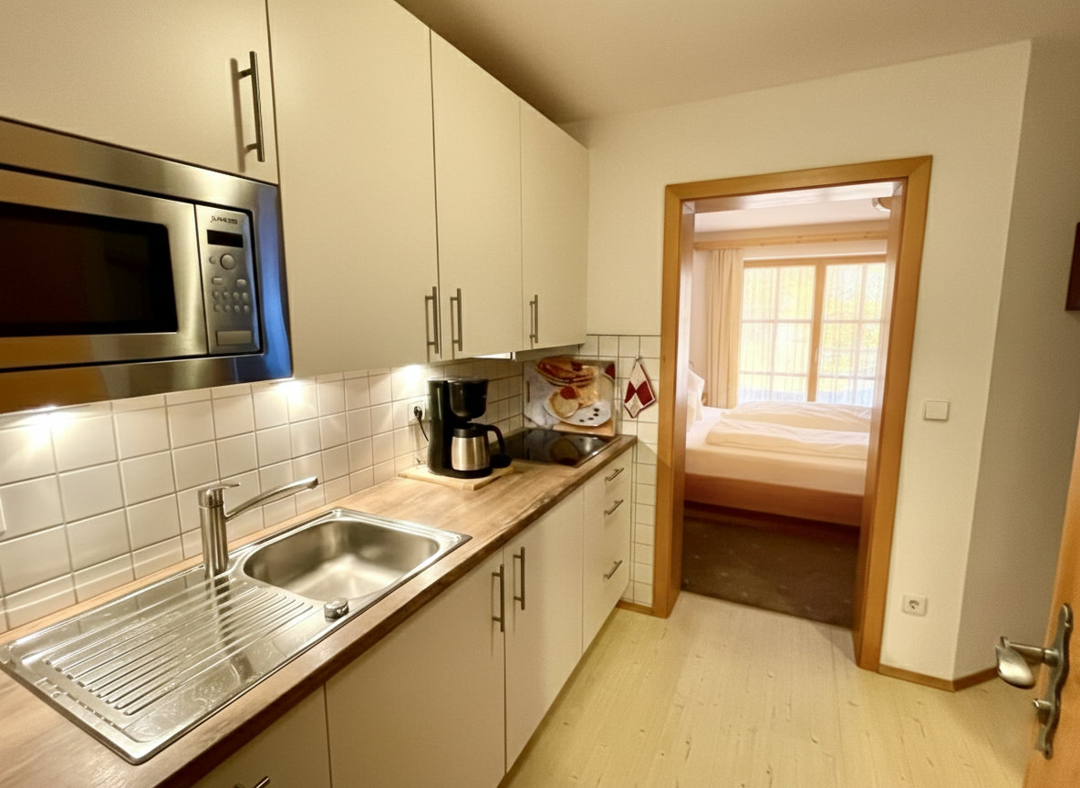 Helle, moderne Küche Moderne, voll ausgestattete Küche in der Ferienwohnung Bergveilchen im Erdgeschoss mit Spülmaschine, Mikrowelle und Kaffeemaschine.