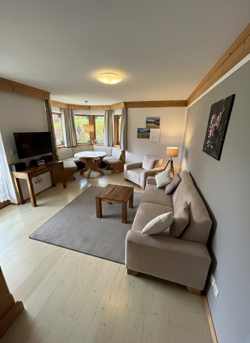 Wohnbereich mit Eckbank & Erker Helles barrierefreies Wohnzimmer mit gemütlicher bayerischer Eckbank, Holztisch und bequemer Couch in der Ferienwohnung Bergveilchen.