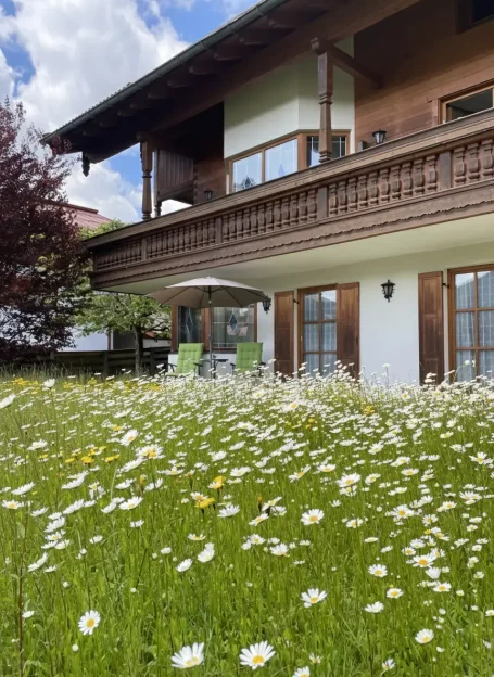 Liegestühle unter einem Apfelbaum im Garten vom Haus am Wiesbach im Frühling.
